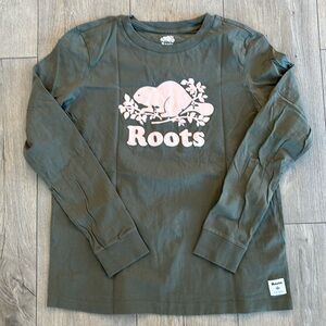Roots green long sleeve tee with pink Roots logo - size S